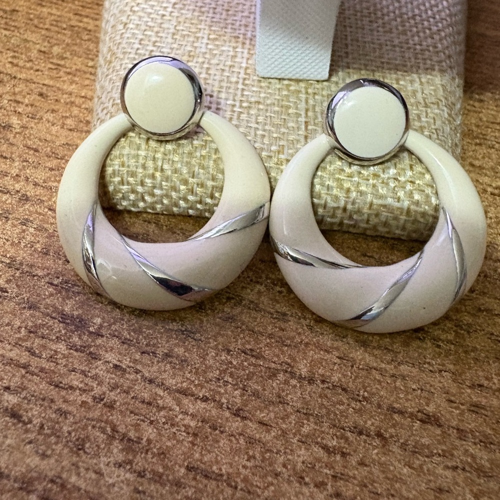 S59 Vintage Vendome Cream and Silver Enamel Earrings